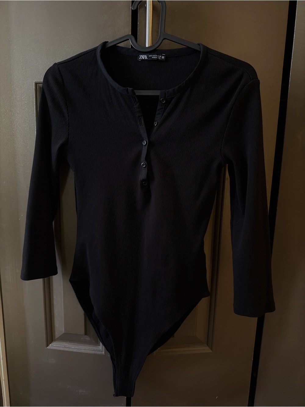 Zara Black Ribbed Henley Bodysuit - Long Sleeve